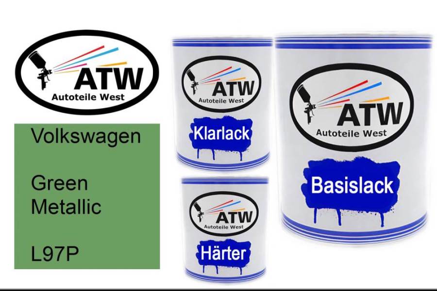 Volkswagen, Green Metallic, L97P: 1L Lackdose + 1L Klarlack + 500ml Härter - Set, von ATW Autoteile West.